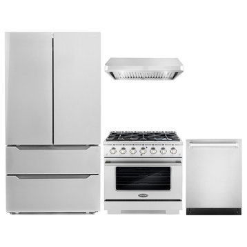 4-Piece, 36" Gas Range 36" Range Hood 24" Dishwasher and Refrigerator