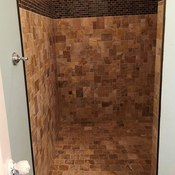 Mini-Versailles Scabos Travertine and Crackled Glass and Stone Brick Shower