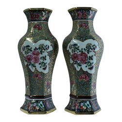 Pair Ceramic Golden Base Enamel Flower Half Hexagon Wall Vases - Vases