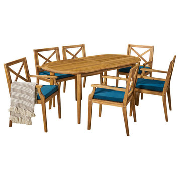 GDF Studio 7-Piece Byrd Outdoor Acacia Wood Dining Set, Teak/Blue
