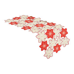 Xia Home Fashions - Candy Cane Poinsettia Embroidered Cutwork Holiday Christmas Table Runner - Table Runners