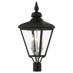 Livex Lighting Inc. - 3 Light Black Outdoor Large Post Top Lantern, Brushed Nickel - The stylish black finish outdoor Adams large post top lantern is a great way to update your home's exterior decor. Flat metal curved arms attach to the solid brass decorative housing while clear glass shows off the brushed nickel finish cluster.