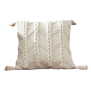 Benzara BM276708 Decorative Throw Pillow Cover, Braided Design, Tassels, Cream
