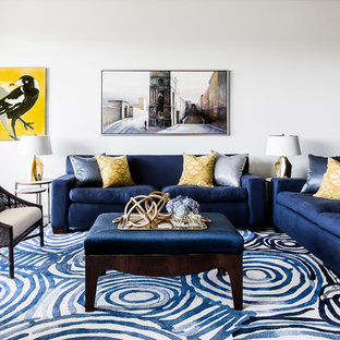 Idéer för att renovera ett stort funkis allrum med öppen planlösning, med ett finrum, vita väggar, heltäckningsmatta och blått golv