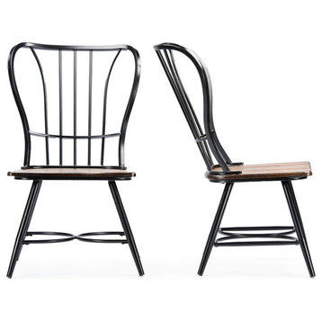 Longford Dark-Walnut Wood and Black Metal Dining Chair, Set of 2