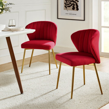 Milia Modern Audrey Velvet Dining Chair With Metal Legs Set of 2, Red