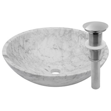Novatto Carrara White Marble Vessel Sink and Drain, Brushed Nickel