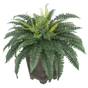 Artificial Fern in Small Grey-Washed Wood Planter