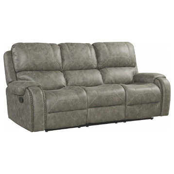 86" Wide Dual Reclining Sofa, Nailheads, Easy To Clean Gray Fabric Couch