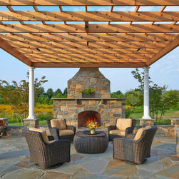 Wood Pergola with Composite Posts on Natural Stone Masonry Piers - Pergolas