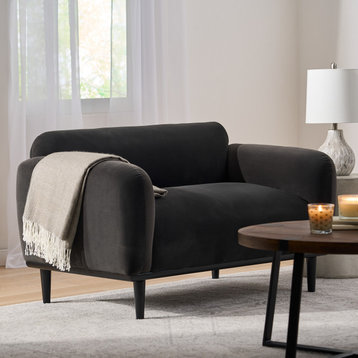 Sandee Contemporary Upholstered Loveseat, Dark Gray/Matte Black, 100% Polyester + Birch