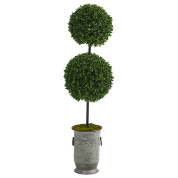 50" Boxwood Double Ball Artificial Topiary Tree, Vintage Metal Planter