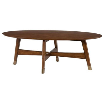 Mid Century Coffee Table, Crossed Wooden Base and Oval Shaped Top, Dark Sienna