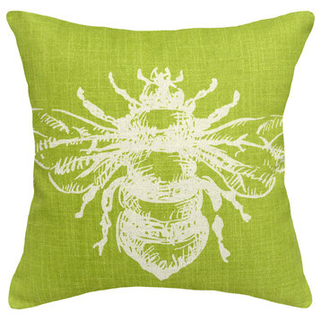 Bumble Bee Printed Linen Pillow With Feather-Down Insert, Chartreuse Green