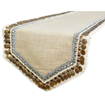 Decorative Table Runner Beige Burlap 16"x90", Lace, Bead, Sequins Marima