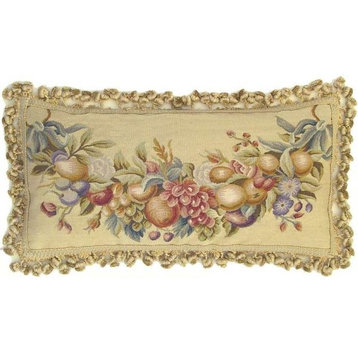 Aubusson Throw Pillow 12"x24" Handwoven Wool  Swags Fruit Flow