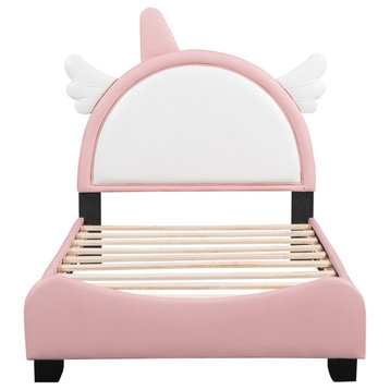Gewnee Upholstered Twin Platform Bed With Unicorn Shape Headboard in Pink