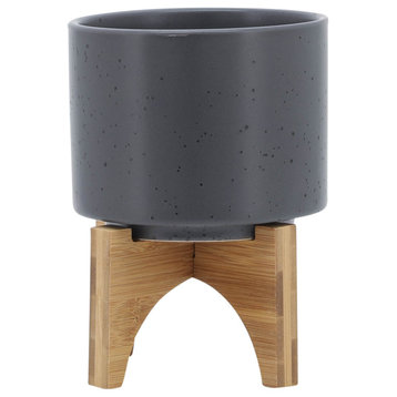 5" Planter With Wood Stand, Matte Gray