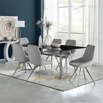 Contemporary Dining Table, Tempered Glass Top & Stainless Steel Base, Black/Gray