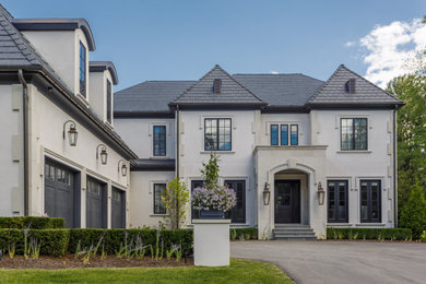 Huge transitional gray two-story stone house exterior idea in Detroit with a shingle roof and a gray roof