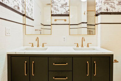 Trendy white tile and ceramic tile double-sink bathroom photo in New York with flat-panel cabinets, black cabinets, quartz countertops, white countertops and a freestanding vanity