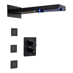Terracina 22" Matte Black LED Rainfall Shower System With 3 Body Jets, LED - Showerheads And Body Sprays