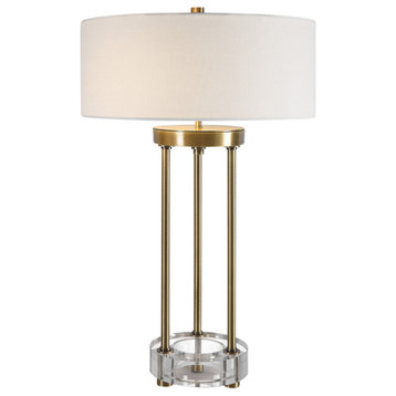 Elegant Round Three Column Table Lamp 27 in Brass Gold Open Crystal Classic