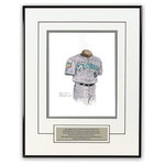 Heritage Sports Art - Original Art of the MLB 1997 Florida Marlins Uniform - This beautifully framed piece features an original piece of watercolor artwork glass-framed in a timeless thin black metal frame with a double mat. The outer dimensions of the framed piece are approximately 13.5" wide x 17.5" high, although the exact size will vary according to the size of the original piece of art. At the core of the framed piece is the actual piece of original artwork as painted by the artist on textured 100% rag, water-marked watercolor paper. In many cases the original artwork has handwritten notes in pencil from the artist. Simply put, this is beautiful, one-of-a-kind artwork. The outer mat is a clean white, textured acid-free mat with an inset decorative black v-groove, while the inner mat is a complimentary colored acid-free mat reflecting one of the team's primary colors. The image of this framed piece shows the mat color that we use (Silver). Beneath the artwork is a silver plate with black text describing the original artwork. The text for this piece will read: This original, one-of-a-kind watercolor painting of the 1997 Florida Marlins uniform is the original artwork that was used in the creation of thousands of Florida Marlins products that have been sold across North America. This original piece of art was painted by artist Nola McConnan for Maple Leaf Productions Ltd. 1997 was a World Series winning season for the Florida Marlins. The piece is framed with an extremely high quality framing glass. We have used this glass style for many years with excellent results. We package every piece very carefully in a double layer of bubble wrap and a rigid double-wall cardboard package to avoid breakage at any point during the shipping process, but if damage does occur, we will gladly repair, replace or refund. Please note that all of our products come with a 90 day 100% satisfaction guarantee. If you have any questions, at any time, about the actual artwork or about any of the artist's handwritten notes on the artwork, I would love to tell you about them. After placing your order, please click the "Contact Seller" button to message me and I will tell you everything I can about your original piece of art. The artists and I spent well over ten years of our lives creating these pieces of original artwork, and in many cases there are stories I can tell you about your actual piece of artwork that might add an extra element of interest in your one-of-a-kind purchase. Please note that all reproduction rights for this original work are retained in perpetuity by Major League Baseball unless specifically stated otherwise in writing by MLB. For further information, please contact Heritage Sports Art at questions@heritagesportsart.com .