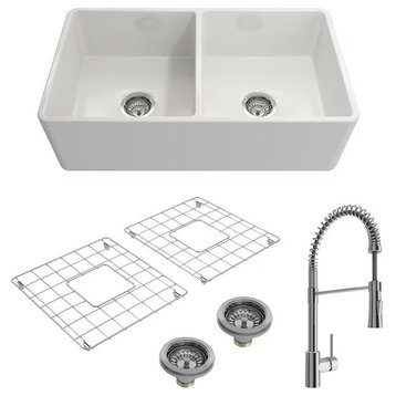 BOCCHI 1139-001-2020CH Farmhouse Fireclay 33 Inch Double Bowl Kitchen Sink Kit