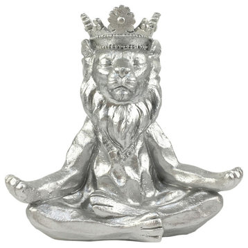 Resin 7" Yoga Lion With Crown, Silver