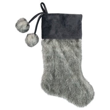 20.5" Gray Faux Fur Christmas Stocking With Corduroy Cuff and Pom Poms