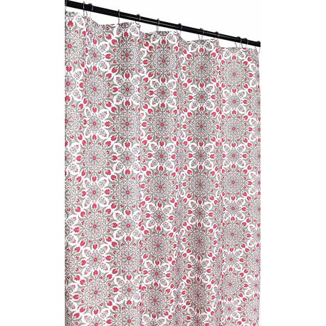 White Grey Hot Pink Fabric Shower Curtain:Medallion Floral Design with Fringe