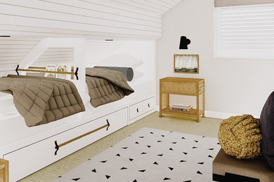 Modelo de habitación de invitados nórdica pequeña con machihembrado, paredes beige, moqueta, suelo beige y machihembrado