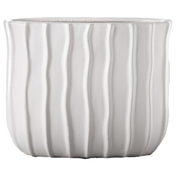 Tall Oval Ceramic Vase with Embossed Line Column Pattern Matte White Finish