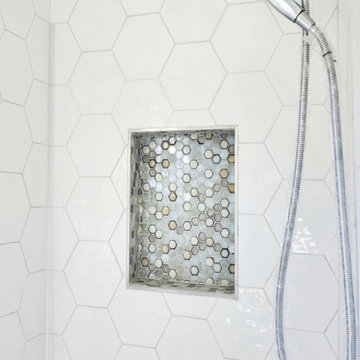 Lusturous Glass and Ceramic Hex Mosaic Tile Niche In Shower Design Remodel