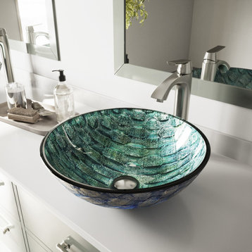 VIGO Oceania Glass Vessel Sink and Linus Faucet Set, Brushed Nickel Finish