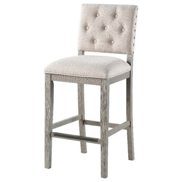 Ellesse Driftwood Gray Wood Frame Button Tufted Fabric Upholstered Bar Stool