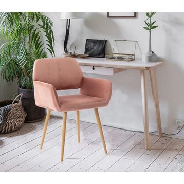 Velvet Upholstered Open Back Home Office Task Chair with Arms and No Wheels, Pink