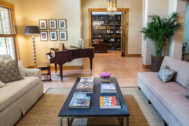 Inspiration for a transitional formal and open concept ceramic tile living room remodel in Austin with beige walls, a standard fireplace, a stone fireplace and no tv