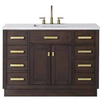 Chestnut 48" Bath Vanity, Brown Oak, Mirror & Faucet, Satin Gold Hardware