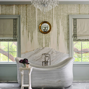 DeGournay wallpaper in a luxurious primary bath