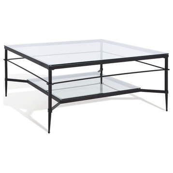 Modern Console Table, Black Finished Metal Frame With Square Clear Glass Top