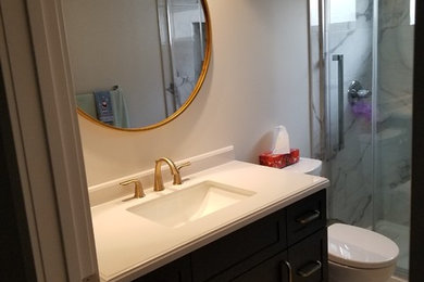Basement - large look-out vinyl floor and gray floor basement idea in Calgary with gray walls