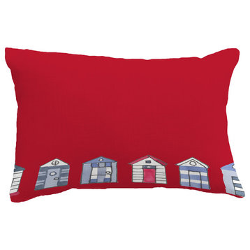Beach Huts Geometric Print Throw Pillow With Linen Texture, Red, 14"x20"