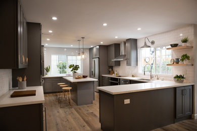 Eat-in kitchen - large contemporary u-shaped laminate floor and brown floor eat-in kitchen idea in Los Angeles with an undermount sink, shaker cabinets, gray cabinets, quartz countertops, white backsplash, subway tile backsplash, stainless steel appliances, an island and white countertops