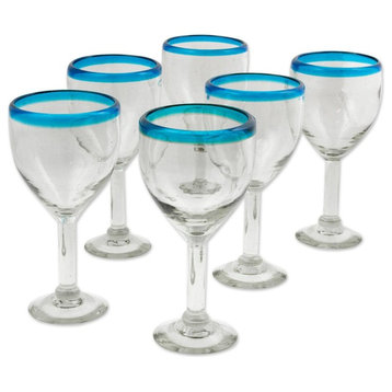 Aquamarine Kiss, Set of 6 Blown Glass Wine Glasses, Mexico
