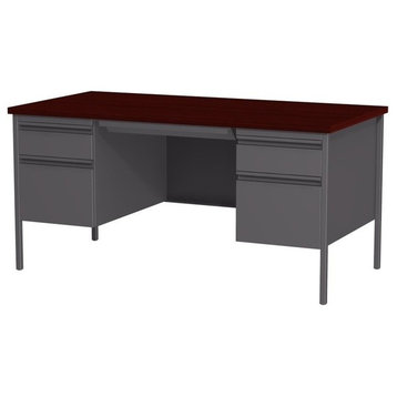 Hirsh 30D x 60W Double Pedestal Metal Desk Charcoal/Mahogany