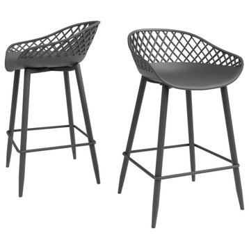 Set of 2 Counter Stool, Angled Metal Legs and Low Back Profile, Warm Gray Finish