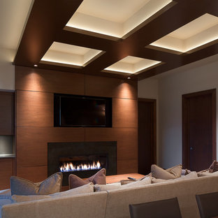 This is an example of a large modern enclosed home cinema in Jacksonville with brown walls, ceramic flooring and a built-in media unit.