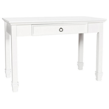 Single Drawer Wooden Desk With Metal Ring Pull And Tapered Legs, White